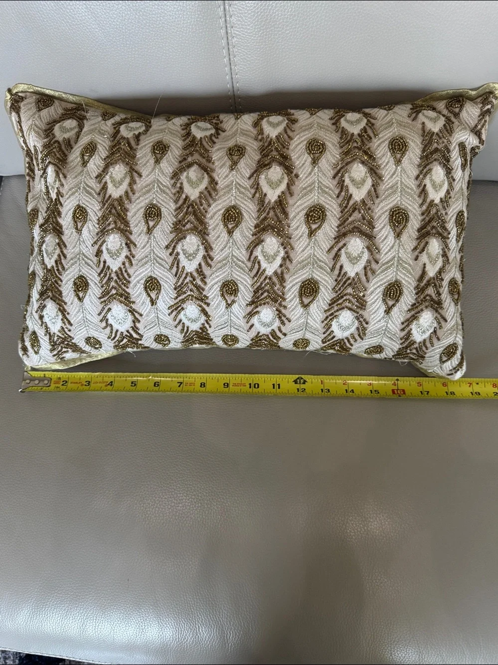 Pier 1 Beaded Peacock Feather Gold Embroidered Lumbar Accent Pillow
